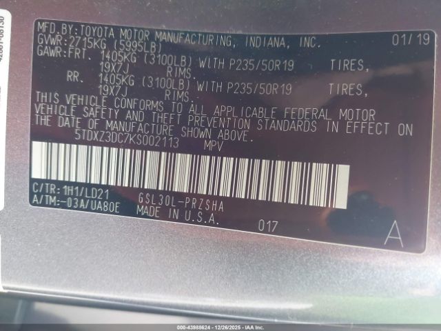 2019 TOYOTA SIENNA 5TDXZ3DC7KS002113 Photo 8