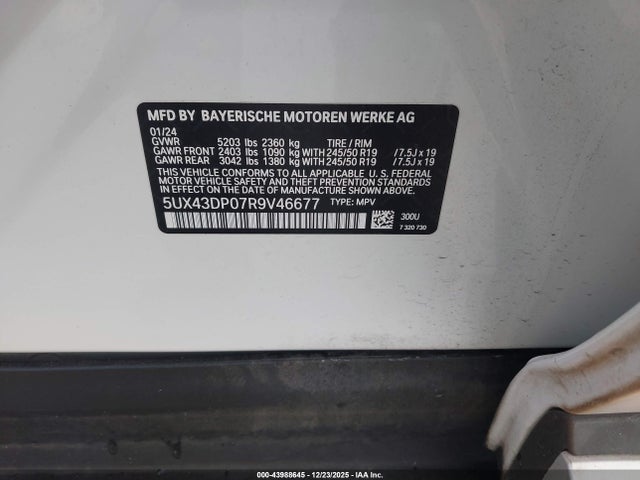 2024 Bmw X3 Sdrive30i მანქანა იყიდება აუქციონზე, vin: 5UX43DP07R9V46677, აუქციონის ნომერი: 43988645