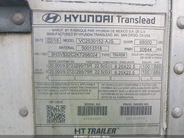 Aukcja sprzedaży 2019 Hyundai Translead Inc Unknown, vin: 3H3V532C2KT268024, numer aukcji: 43988707
