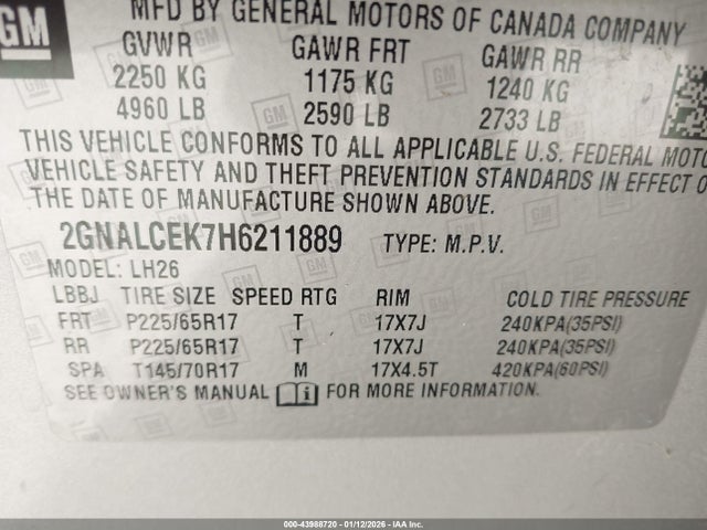 2017 Chevrolet Equinox Lt მანქანა იყიდება აუქციონზე, vin: 2GNALCEK7H6211889, აუქციონის ნომერი: 43988720