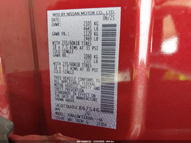 5N1BT3BA9SC867546 Nissan Rogue Sv Fwd