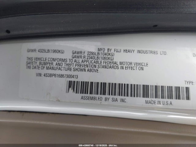 43988748 :رقم المزاد ، 4S3BP616867300413 vin ، 2006 Subaru Legacy 2.5i مزاد بيع