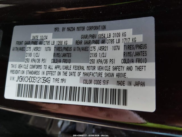Продажа на аукционе авто 2025 Mazda Cx-90 3.3 Turbo Premium Sport, vin: JM3KKCHD0S1213949, номер лота: 43988777