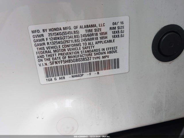 5FNYF5H85GB038537 Honda Pilot Ex-l