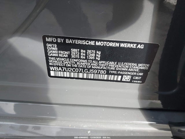 43988852 :رقم المزاد ، WBA7U2C07LGJ59780 vin ، 2020 Bmw 750i Xdrive مزاد بيع