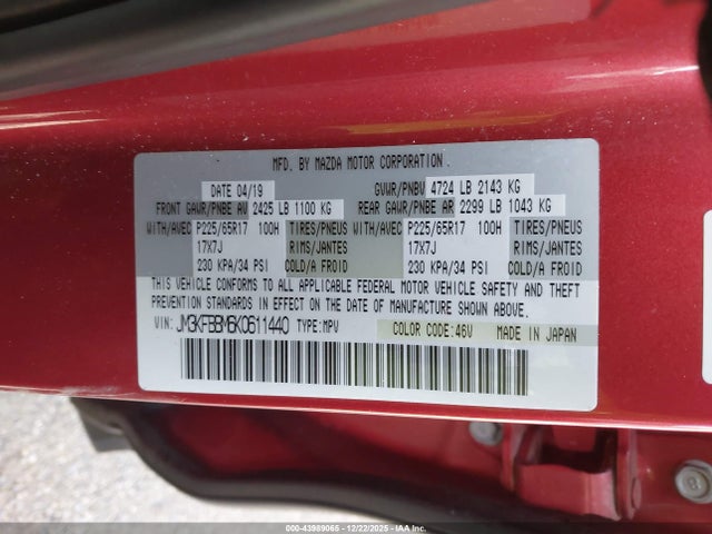 Aukcja sprzedaży 2019 Mazda Cx-5 Sport, vin: JM3KFBBM6K0611440, numer aukcji: 43989065