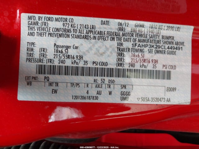 2012 Ford Focus Se მანქანა იყიდება აუქციონზე, vin: 1FAHP3K29CL449491, აუქციონის ნომერი: 43989077