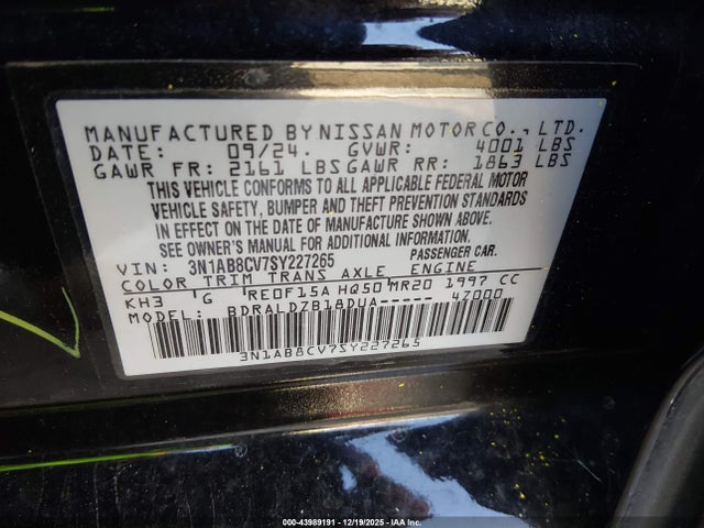 Aukcja sprzedaży 2025 Nissan Sentra Sv, vin: 3N1AB8CV7SY227265, numer aukcji: 43989191