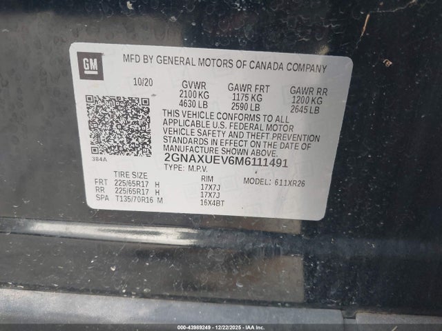 2021 Chevrolet Equinox Lt მანქანა იყიდება აუქციონზე, vin: 2GNAXUEV6M6111491, აუქციონის ნომერი: 43989249