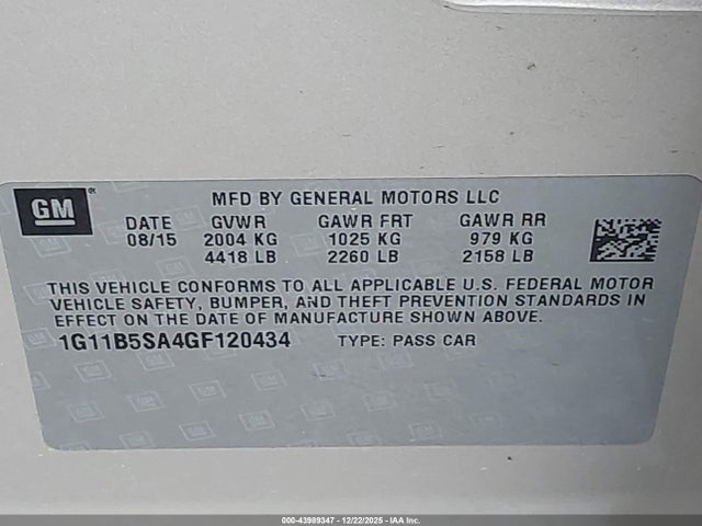 Aukcja sprzedaży 2016 Chevrolet Malibu Limited Ls, vin: 1G11B5SA4GF120434, numer aukcji: 43989347