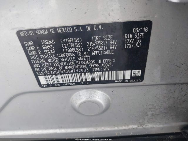 2016 HONDA HR-V 3CZRU6H33GM742603 Photo 8