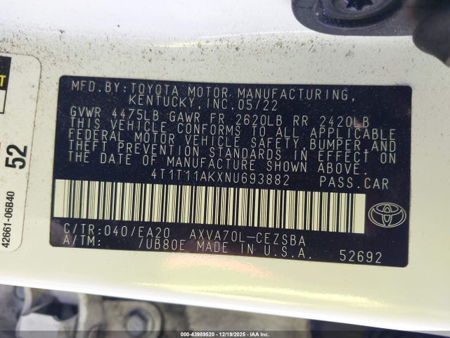 4T1T11AKXNU693882 Toyota CAMRY SE