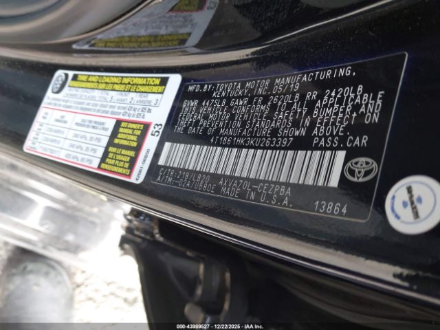 2019 TOYOTA CAMRY 4T1B61HK3KU263397 Photo 8