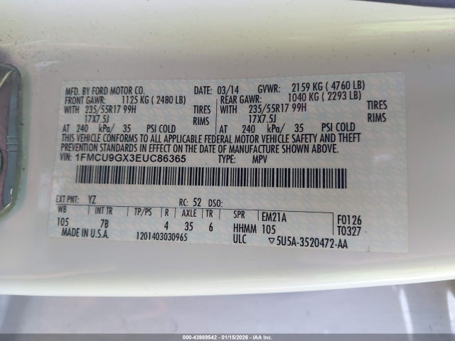 1FMCU9GX3EUC86365 Ford ESCAPE SE