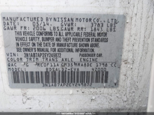 3N1AB7AP2EY249872 Nissan Sentra Fe+ S/fe+ Sv/s/sl/sr/sv