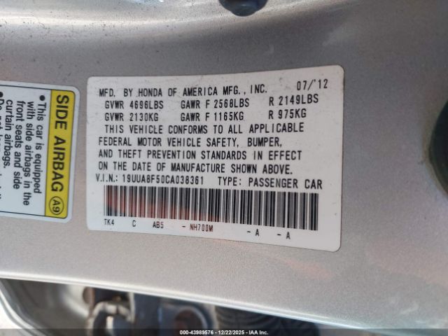 2012 ACURA TL 19UUA8F50CA038361 Photo 8