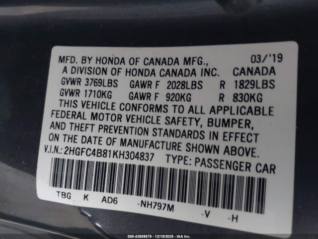 2HGFC4B81KH304837 Honda Civic Sport