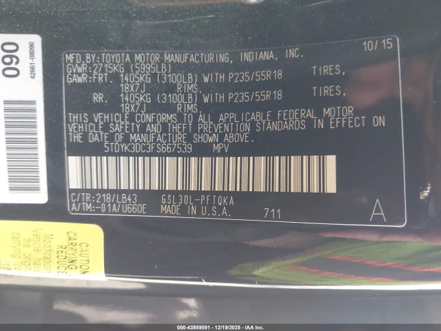 5TDYK3DC3FS667539 Toyota Sienna Limited Premium 7 Passenger