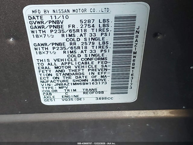 43989707 :رقم المزاد ، JN8AZ1MW6BW163173 vin ، 2011 Nissan Murano Sl مزاد بيع