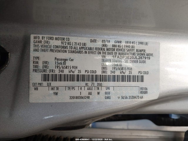 Ford FOCUS S 2018 1FADP3E20JL287919 Image 9