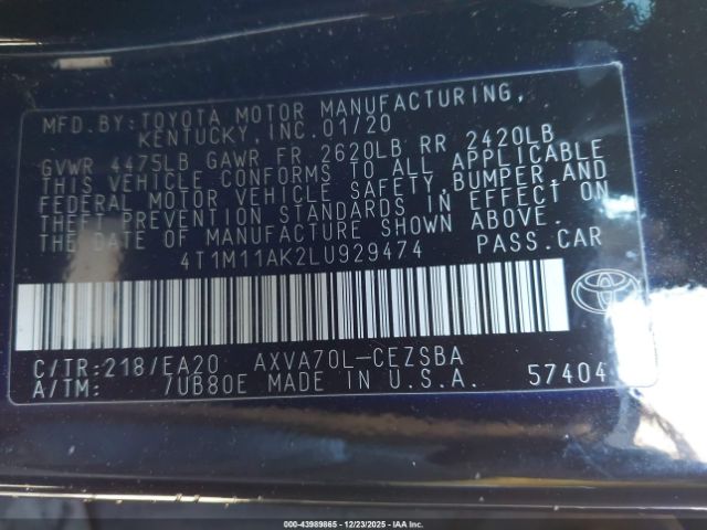 2020 TOYOTA CAMRY 4T1M11AK2LU929474 Photo 8