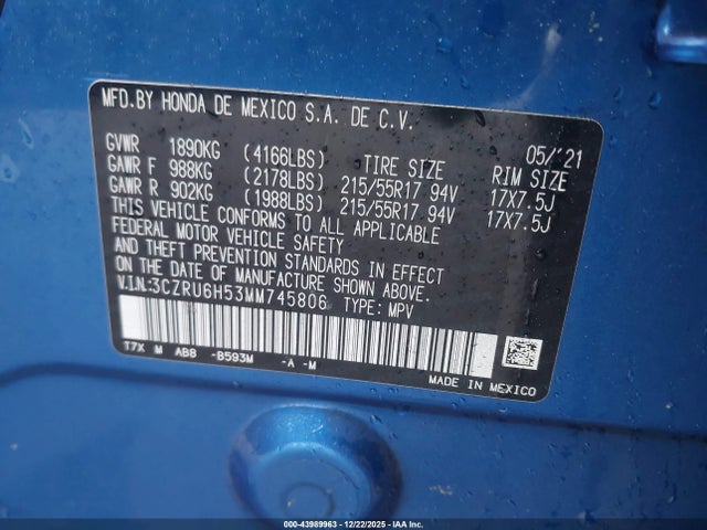 3CZRU6H53MM745806 Honda Hr-v Awd Ex