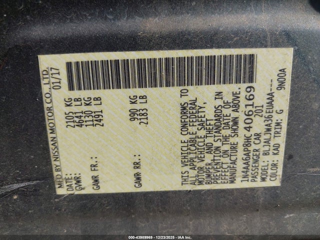 43989969 :رقم المزاد ، 1N4AA6AP8HC406169 vin ، 2017 Nissan Maxima 3.5 Sv مزاد بيع