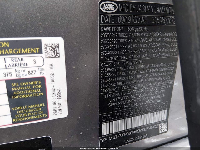 Auction sale of the 2020 Land Rover Range Rover Sport Hse Mhev, vin: SALWR2SU5LA893527, lot number: 43989981