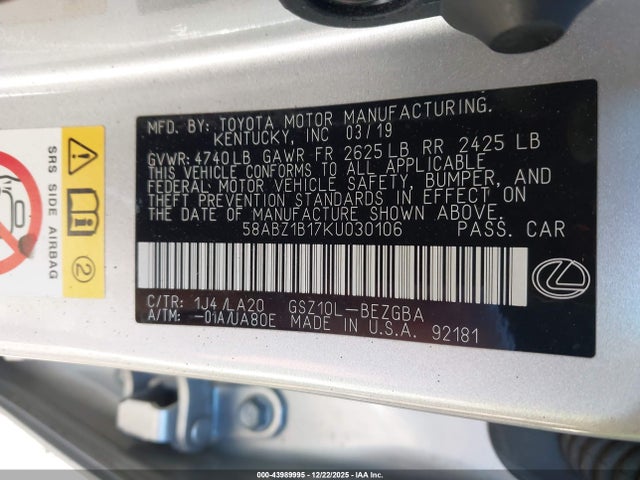 Aukcja sprzedaży 2019 Lexus Es 350, vin: 58ABZ1B17KU030106, numer aukcji: 43989995