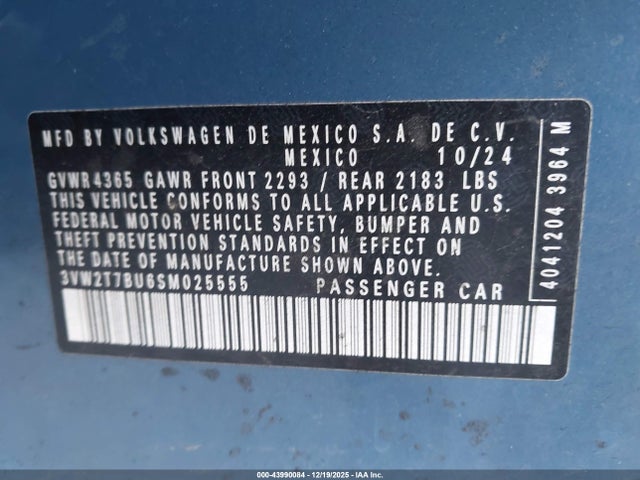 43990084 :رقم المزاد ، 3VW2T7BU6SM025555 vin ، 2025 Volkswagen Jetta Gli 2.0t Autobahn مزاد بيع