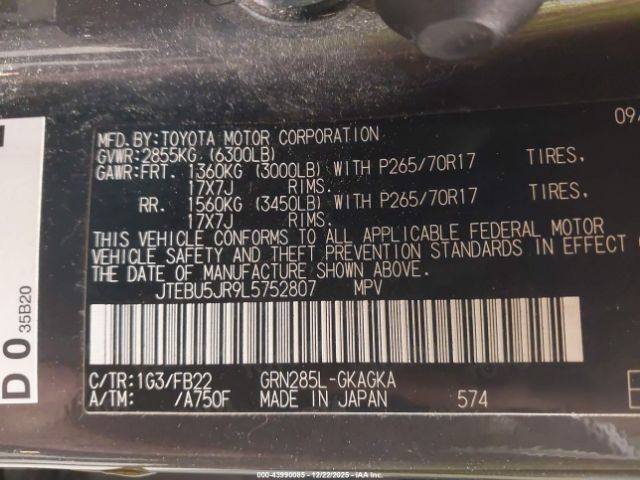 2020 TOYOTA 4RUNNER JTEBU5JR9L5752807 Photo 8