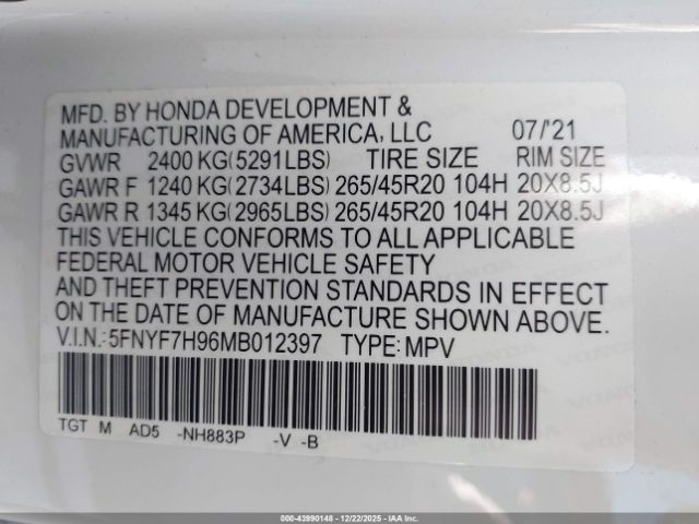 2021 HONDA PASSPORT 5FNYF7H96MB012397 Photo 8