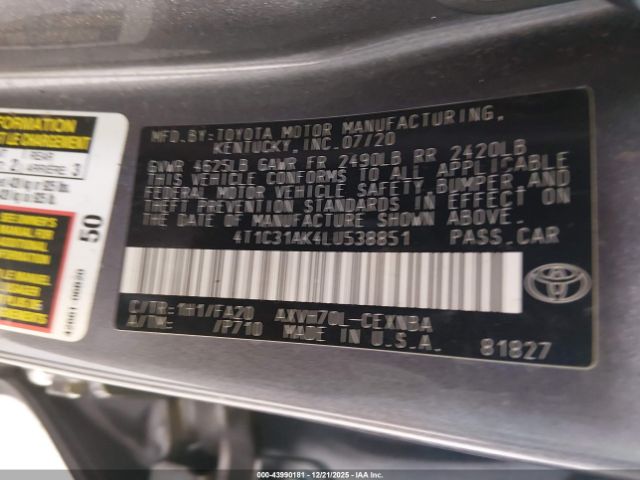 2020 TOYOTA CAMRY 4T1C31AK4LU538851 Photo 8