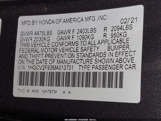 2021 HONDA ACCORD 1HGCV2F93MA013701 Photo 8