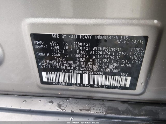 Subaru Outback 2.5i Limited 2014 4S4BRBLC2E3315996 Image 9