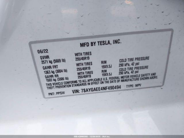 2022 TESLA MODEL Y 7SAYGAEE4NF490494 Photo 8