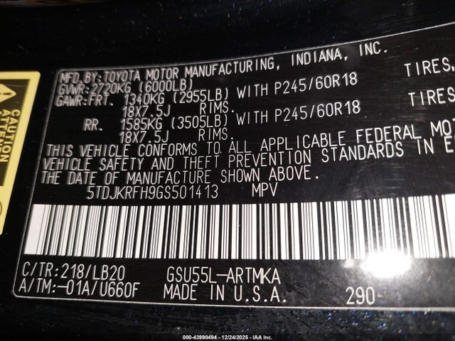 5TDJKRFH9GS501413 Toyota Highlander Xle V6