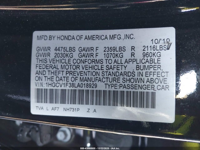 Aukcja sprzedaży 2020 Honda Accord Sport, vin: 1HGCV1F38LA018929, numer aukcji: 43990505