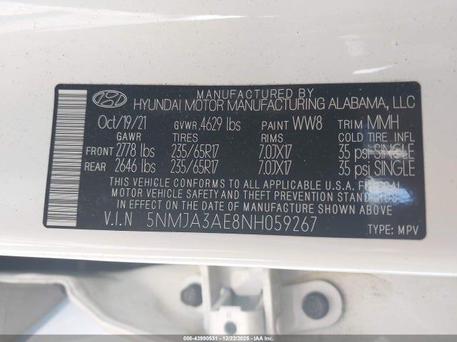 5NMJA3AE8NH059267 Hyundai TUCSON SE