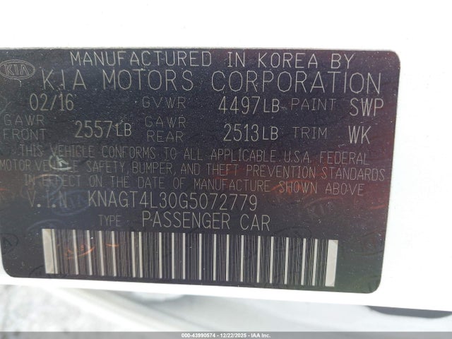 KNAGT4L30G5072779 KIA Optima Lx