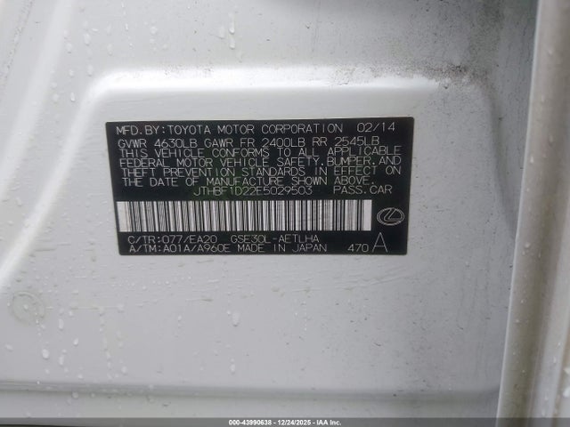 43990638 :رقم المزاد ، JTHBF1D22E5029503 vin ، 2014 Lexus Is 250 مزاد بيع