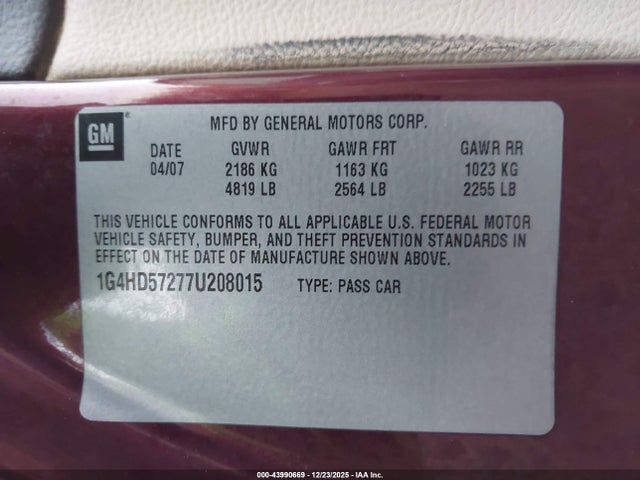 Aukcja sprzedaży 2007 Buick Lucerne Cxl, vin: 1G4HD57277U208015, numer aukcji: 43990669