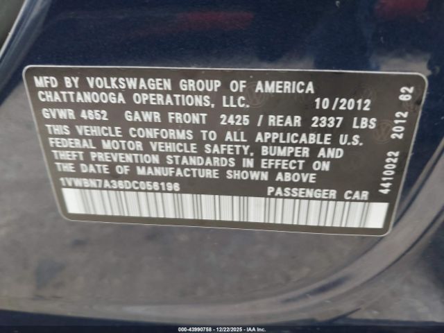 2013 VOLKSWAGEN PASSAT 1VWBN7A36DC056196 Photo 8