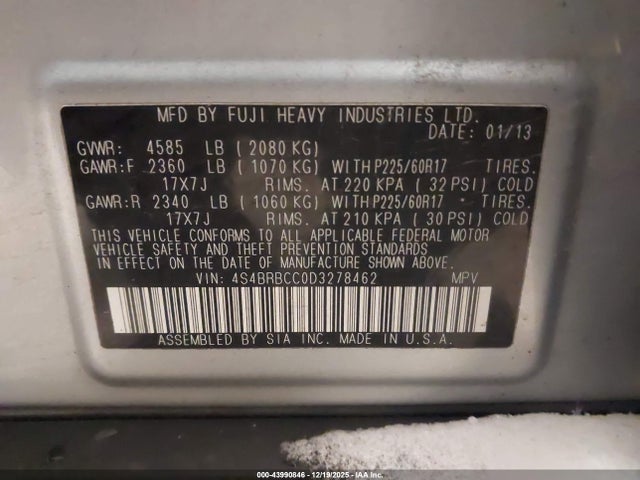 43990846 :رقم المزاد ، 4S4BRBCC0D3278462 vin ، 2013 Subaru Outback 2.5i Premium مزاد بيع
