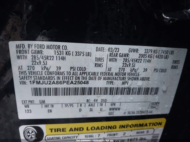 Продаж на аукціоні авто 2023 Ford Expedition Limited, vin: 1FMJU2A86PEA25048, номер лоту: 43990852