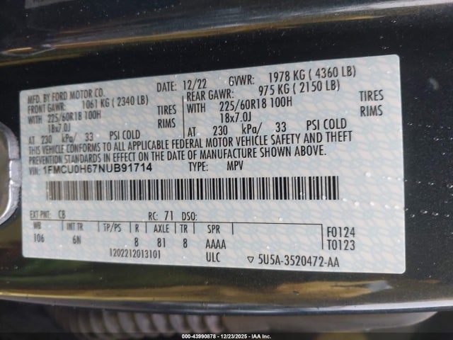 1FMCU0H67NUB91714 Ford ESCAPE SEL