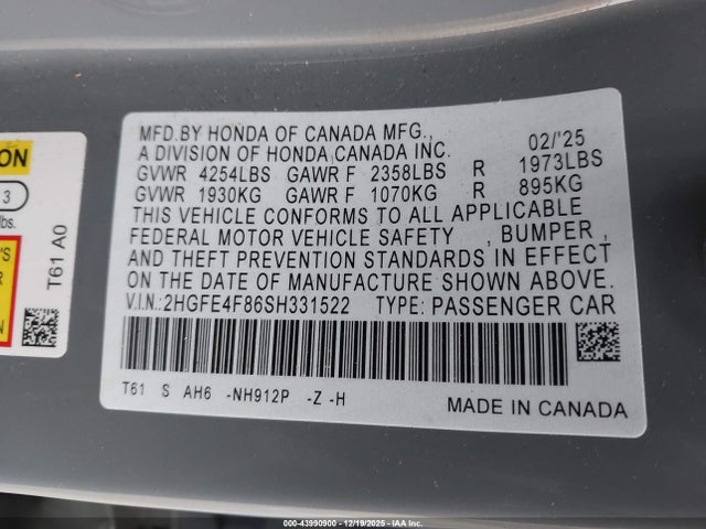 Honda CIVIC HYBRID 2025 2HGFE4F86SH331522 Image 9