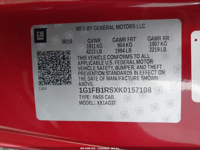 1G1FB1RSXK0157108 Chevrolet Camaro 1lt
