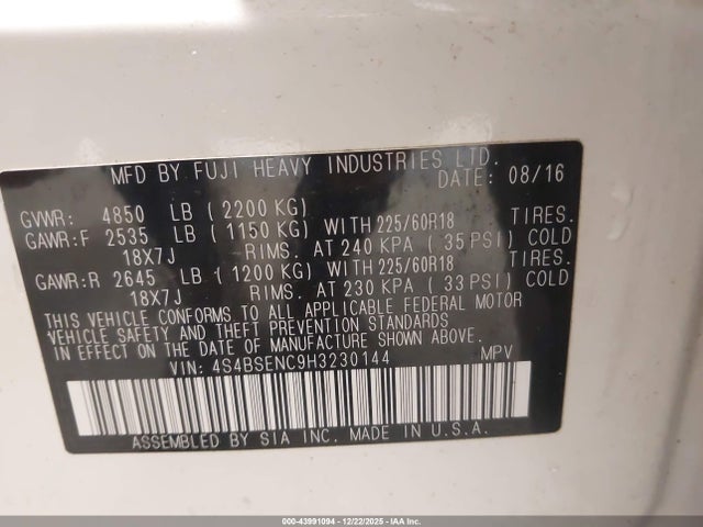 4S4BSENC9H3230144 Subaru Outback 3.6r Limited