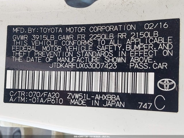 JTDKARFUXG3007423 Toyota Prius Two Eco